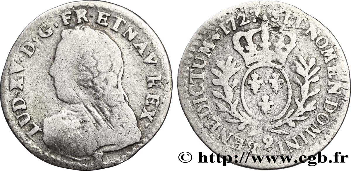 LOUIS XV DIT LE BIEN AIMÉ Vingtième d’écu aux branches d’olivier, buste habillé 1727 Rennes B