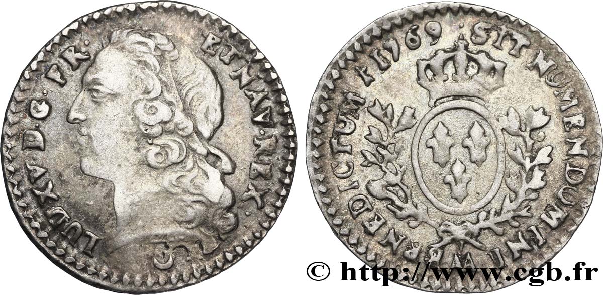 LOUIS XV DIT LE BIEN AIMÉ Vingtième d écu aux branches d’olivier, tête ceinte d’un bandeau 1769 Metz TTB