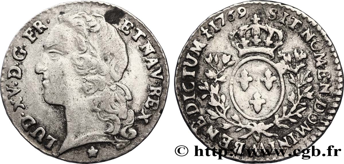 LOUIS XV DIT LE BIEN AIMÉ Dixième d écu aux branches d’olivier, tête ceinte d’un bandeau 1769 Metz TB+/TTB