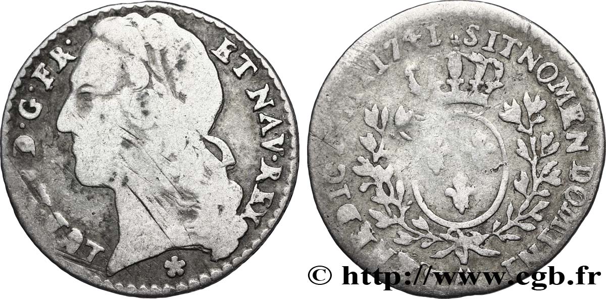 LOUIS XV DIT LE BIEN AIMÉ Dixième d écu aux branches d’olivier, tête ceinte d’un bandeau 1741 Metz TB