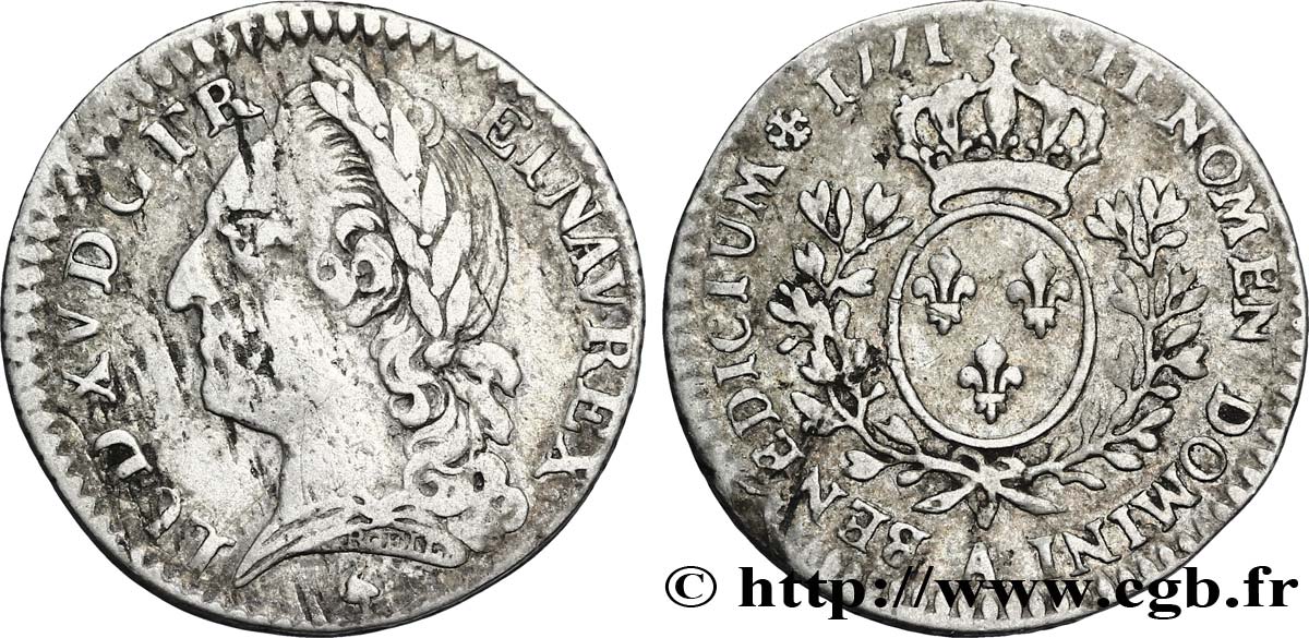 LOUIS XV DIT LE BIEN AIMÉ Dixième d’écu aux branches d’olivier, buste lauré 1771 Paris TTB