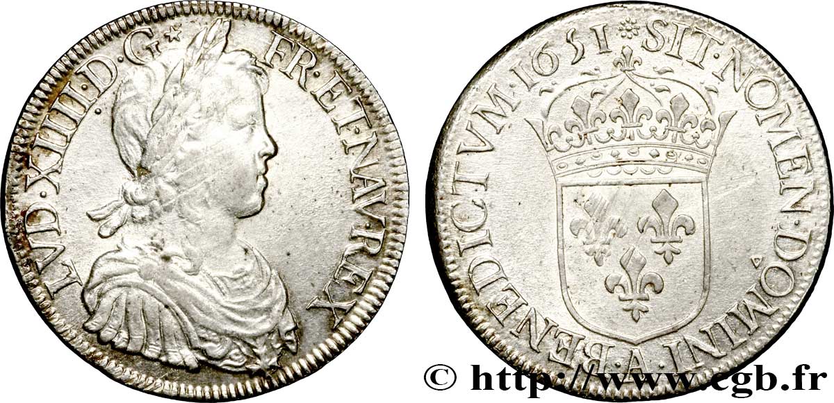 LOUIS XIV LE GRAND OU LE ROI SOLEIL Écu, portrait à la mèche longue 1651 Paris TTB+