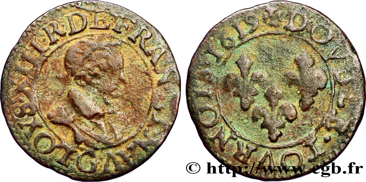 LOUIS XIII LE JUSTE Double tournois, type 1 de Poitiers 1619 Poitiers TB