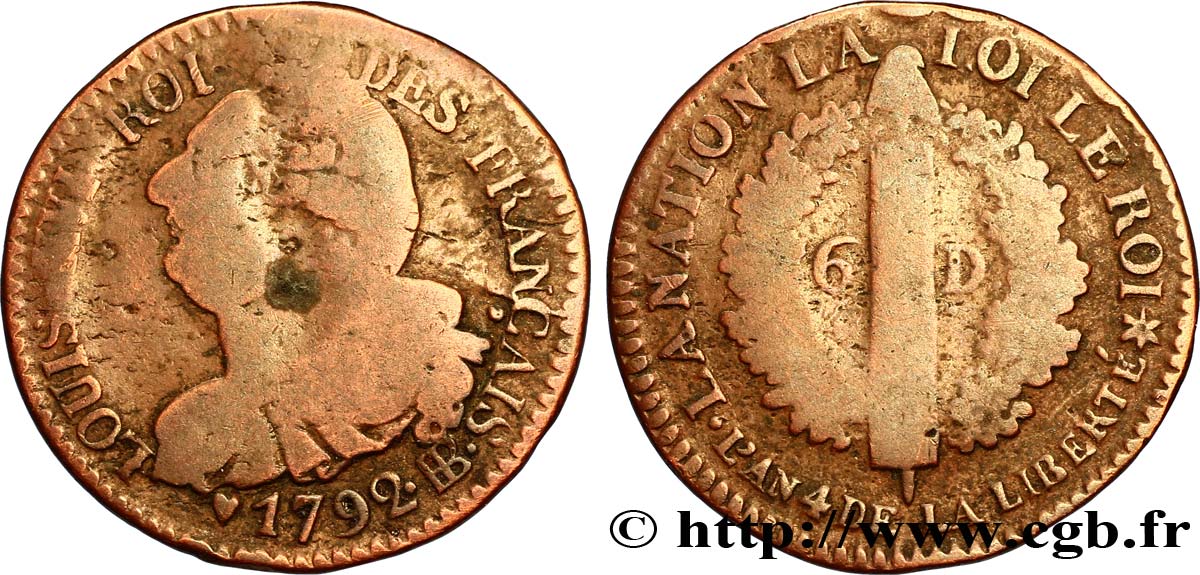 LOUIS XVI (MONARQUE CONSTITUTIONNEL) 6 deniers dit au faisceau , type FRANÇAIS 1792 Strasbourg B