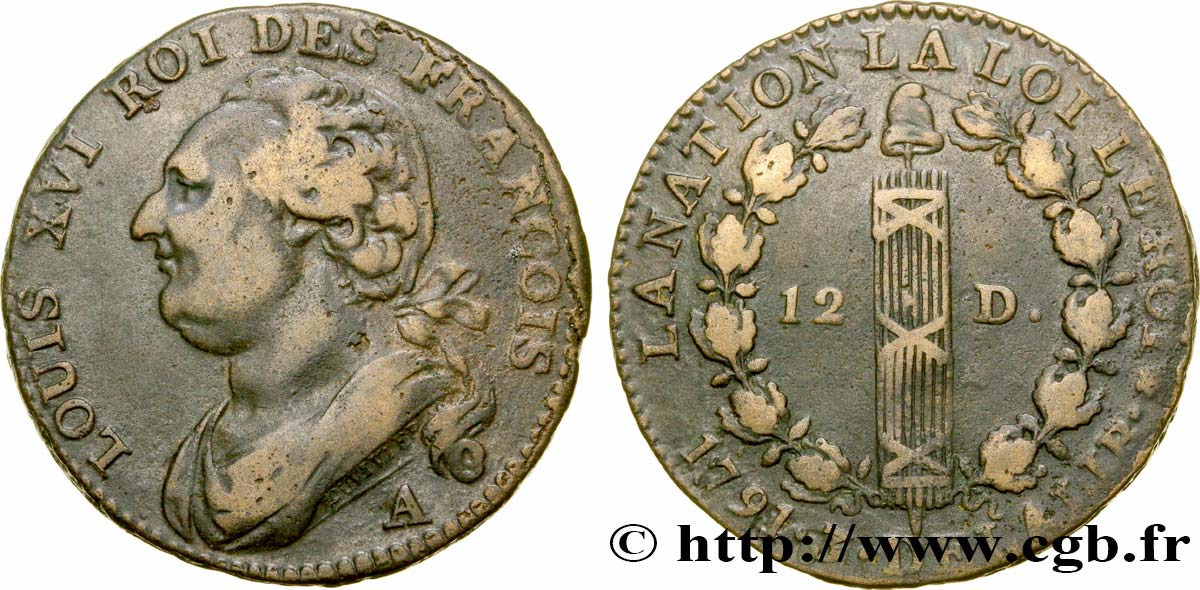 LOUIS XVI (MONARQUE CONSTITUTIONNEL) 12 deniers dit au faisceau , type FRANCOIS 1791 Paris TTB