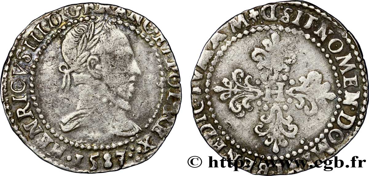 HENRY III Demi-franc au col plat 1587 Lyon VF