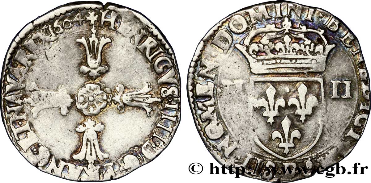 HENRI IV LE GRAND Quart d écu, croix feuillue de face 1604 Angers TB