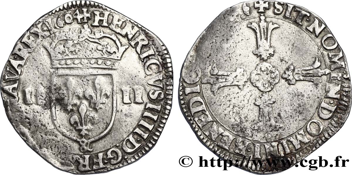 HENRI IV LE GRAND Quart d écu, écu de face, 2e type, écu de face 1604 Aix-en-Provence TTB