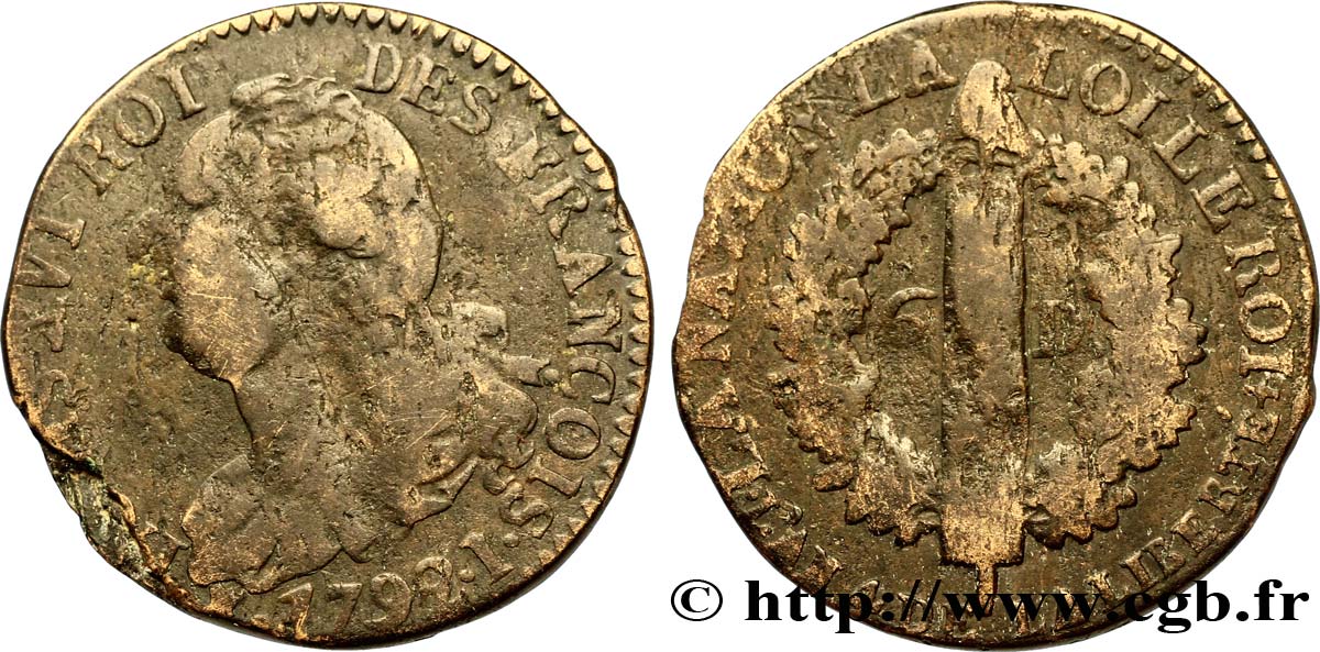 LOUIS XVI (MONARQUE CONSTITUTIONNEL) 6 deniers dit au faisceau , type FRANÇOIS 1792 Limoges B