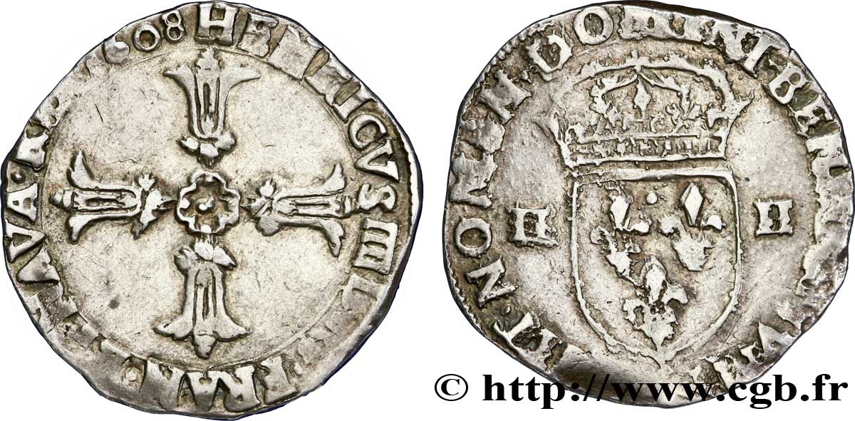 HENRI IV LE GRAND Quart d écu, croix feuillue de face 1608 Angers TB