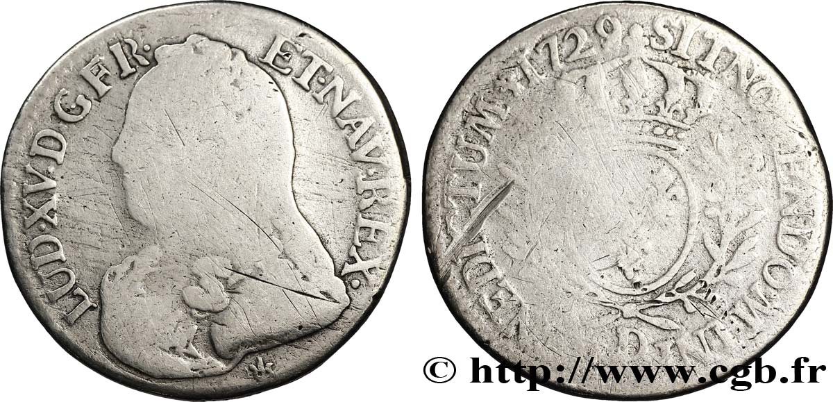 LOUIS XV DIT LE BIEN AIMÉ Cinquième d écu aux branches d olivier, buste habillé 1729 Lyon AB