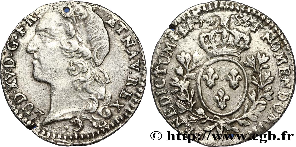 LOUIS XV DIT LE BIEN AIMÉ Dixième d écu aux branches d’olivier, tête ceinte d’un bandeau 1754 Grenoble TTB/TB+