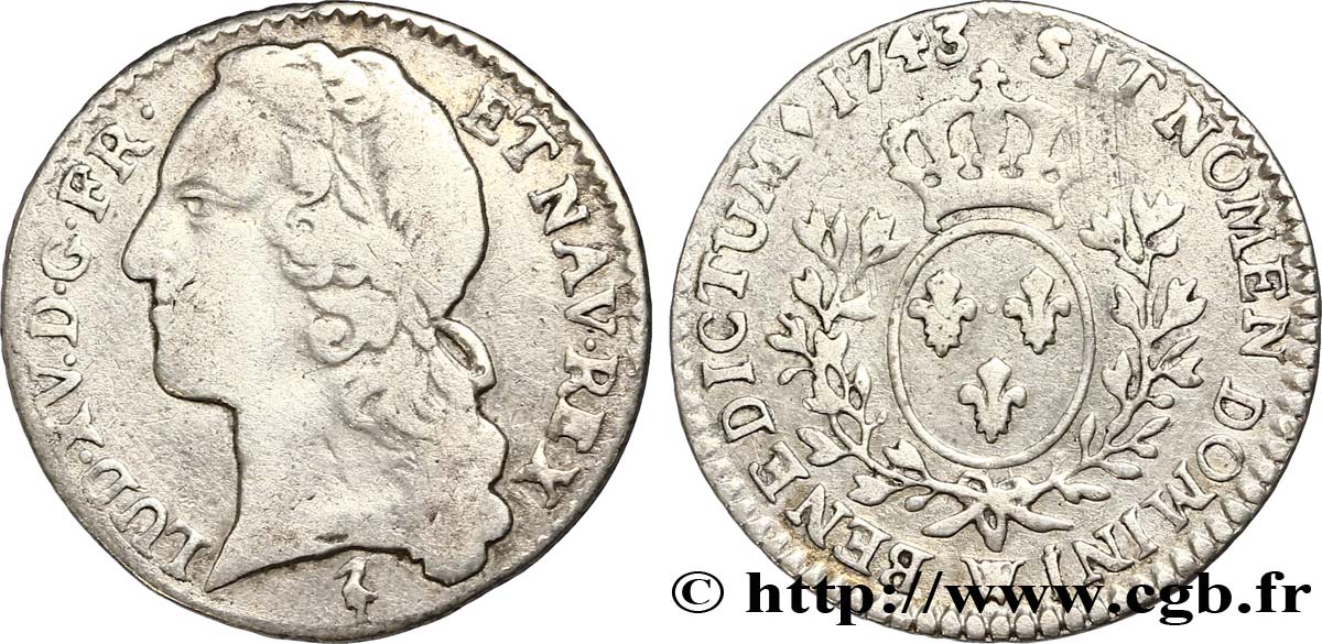 LOUIS XV DIT LE BIEN AIMÉ Dixième d écu aux branches d’olivier, tête ceinte d’un bandeau 1743 Lille TB+/TTB