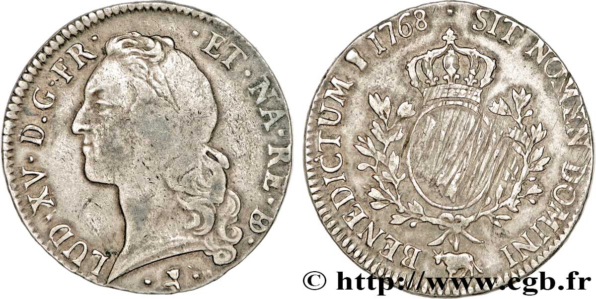 LOUIS XV DIT LE BIEN AIMÉ Écu aux branches d’olivier, tête ceinte d’un bandeau 1768 Pau TTB/TB+