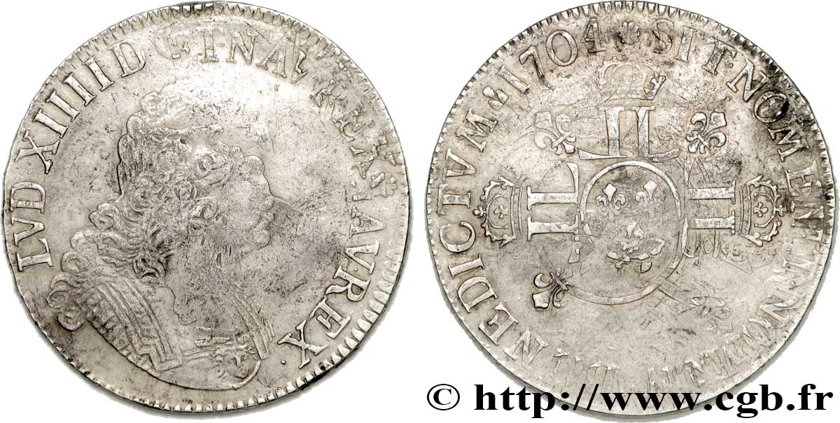 LOUIS XIV LE GRAND OU LE ROI SOLEIL Écu aux huit L, 2e type 1704 Caen TTB