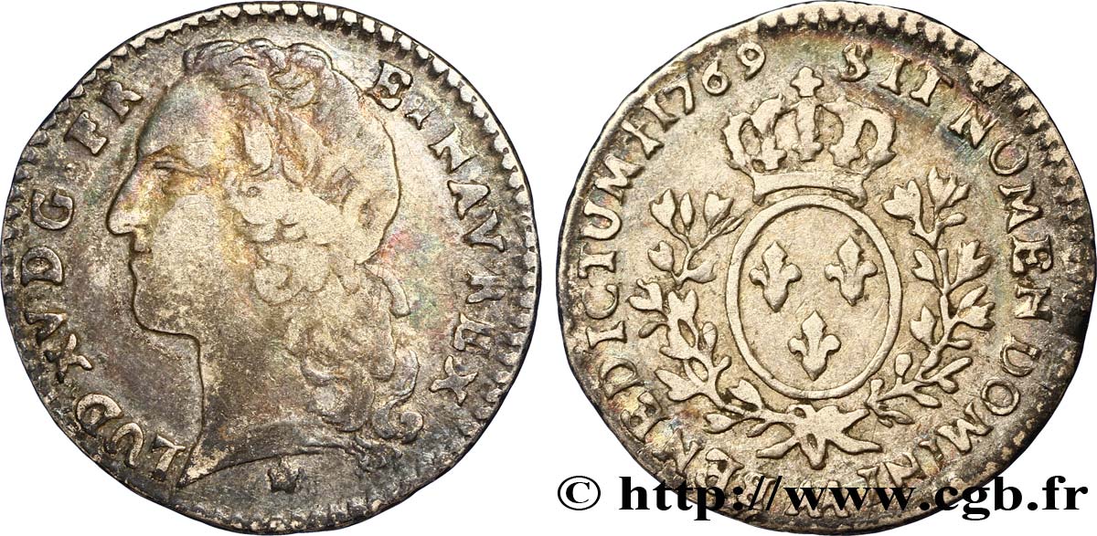 LOUIS XV DIT LE BIEN AIMÉ Dixième d écu aux branches d’olivier, tête ceinte d’un bandeau 1769 Metz TB+/TTB