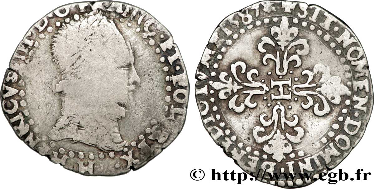 HENRI III Quart de franc au col plat 1587 La Rochelle TB/TB+