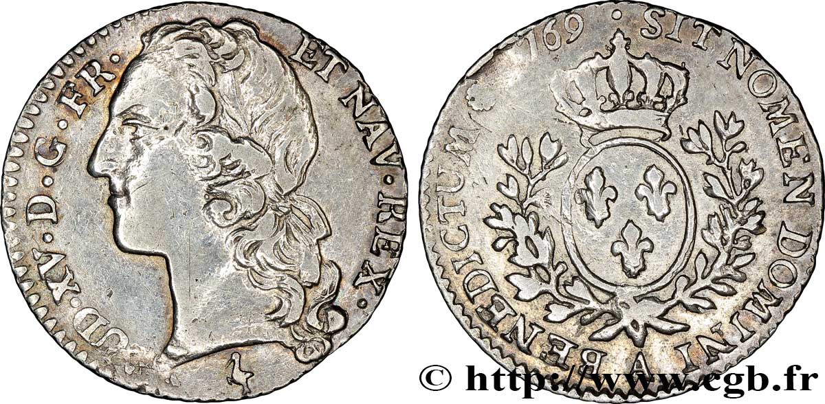 LOUIS XV DIT LE BIEN AIMÉ Dixième d écu aux branches d’olivier, tête ceinte d’un bandeau 1769 Paris TB+