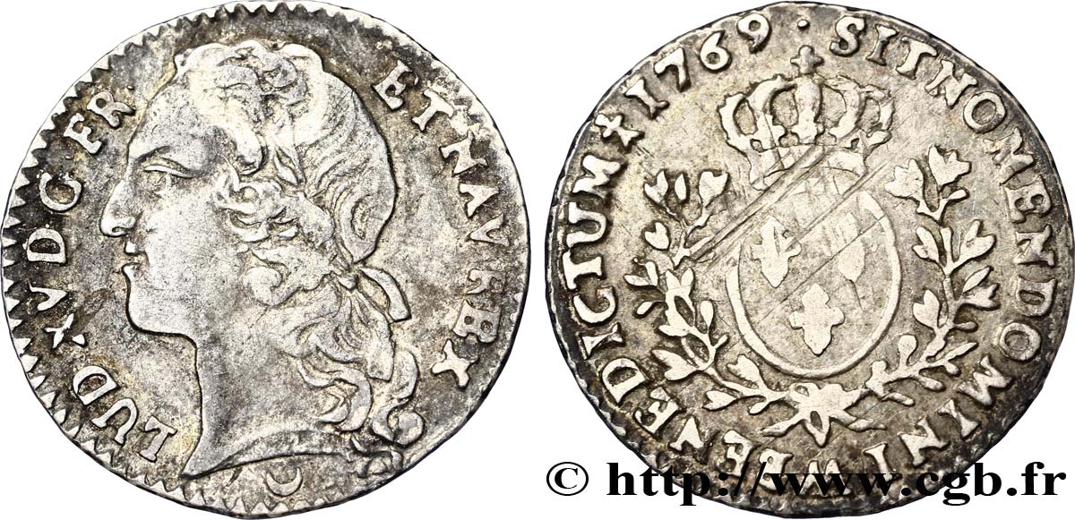 LOUIS XV DIT LE BIEN AIMÉ Dixième d écu aux branches d’olivier, tête ceinte d’un bandeau 1769 Metz TB+