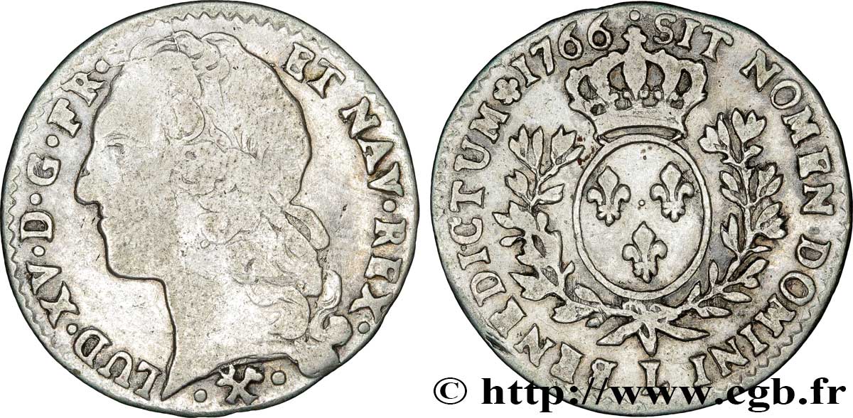 LOUIS XV DIT LE BIEN AIMÉ Dixième d écu aux branches d’olivier, tête ceinte d’un bandeau 1766 Bayonne TB