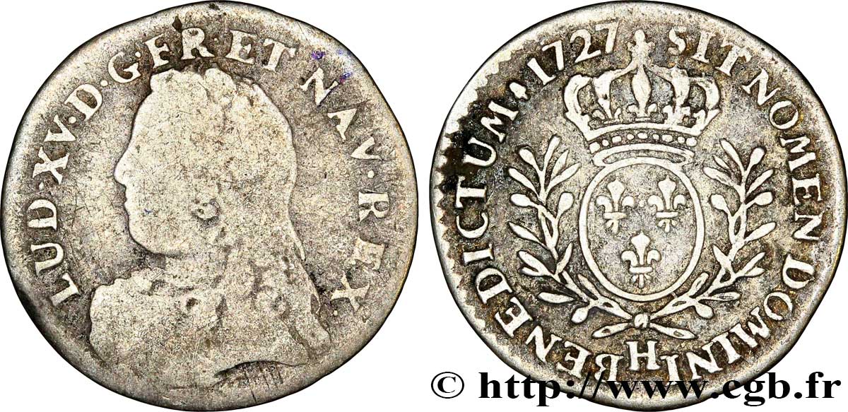 LOUIS XV DIT LE BIEN AIMÉ Vingtième d’écu aux branches d’olivier, buste habillé 1727 La Rochelle B+/TB