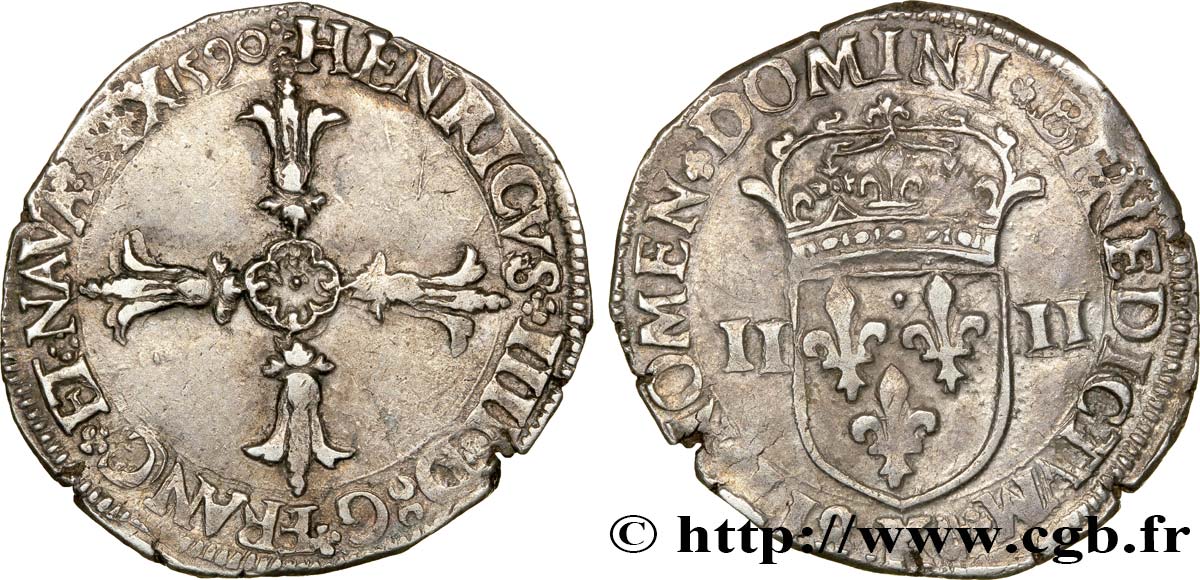HENRY IV Quart d écu, croix feuillue de face 1590 Bordeaux MBC