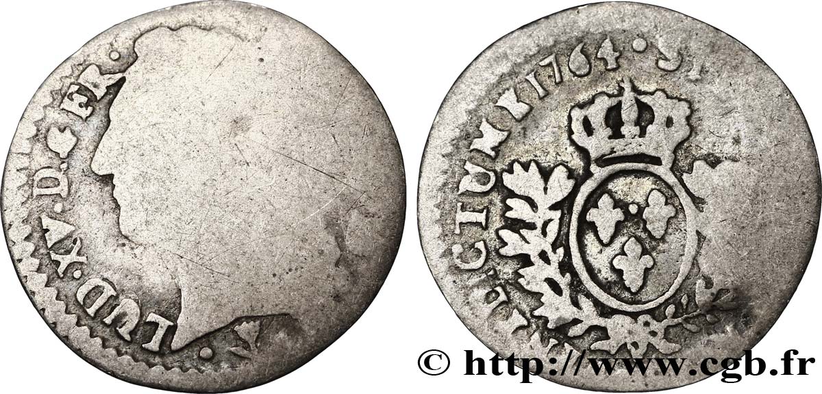 LOUIS XV DIT LE BIEN AIMÉ Vingtième d écu aux branches d’olivier, tête ceinte d’un bandeau 1764 Pau B