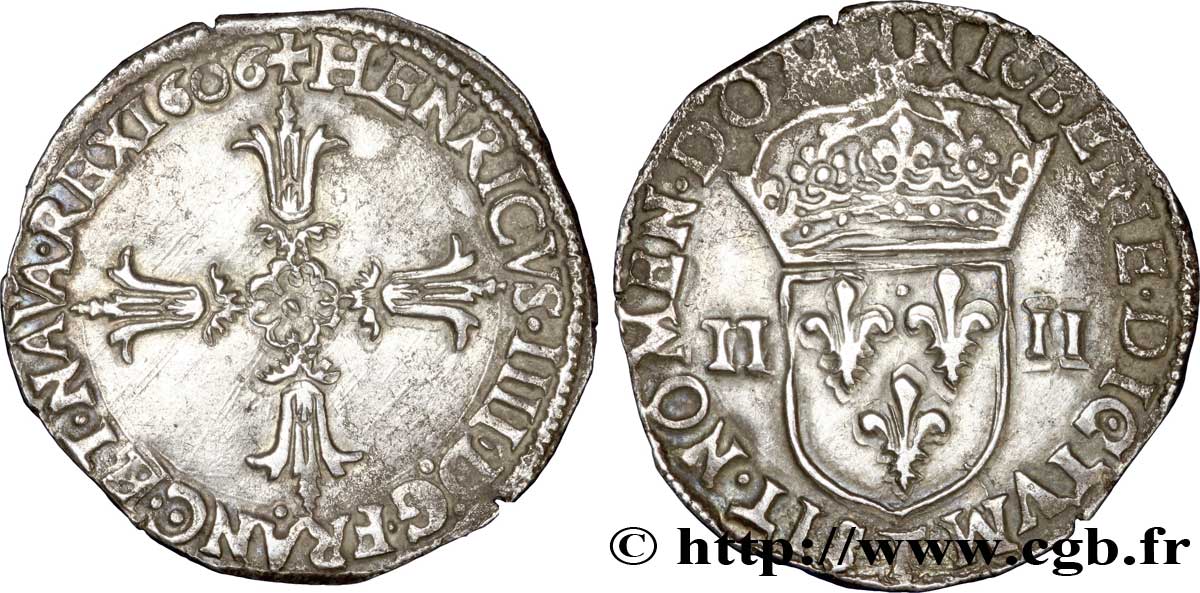 HENRY IV Quart d écu, croix feuillue de face 1606 Nantes AU