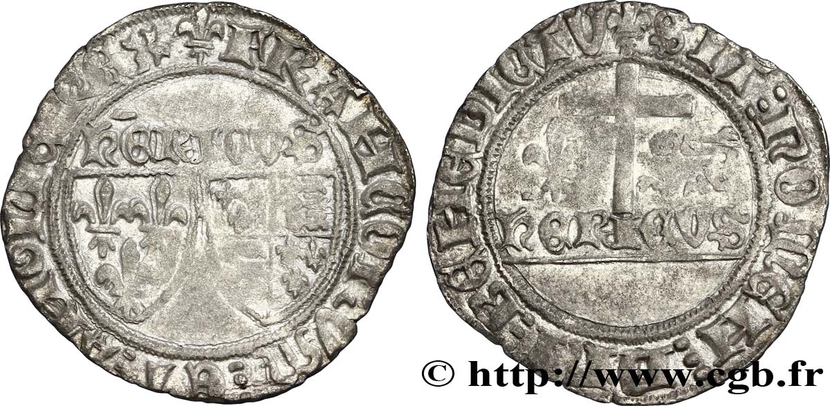 HENRY VI DE LANCASTRE - ROI DE FRANCE (1422-1453) - ROI D ANGLETERRE (1422-1461) et (1470-1471) Blanc aux écus n.d. Saint-Lô TTB