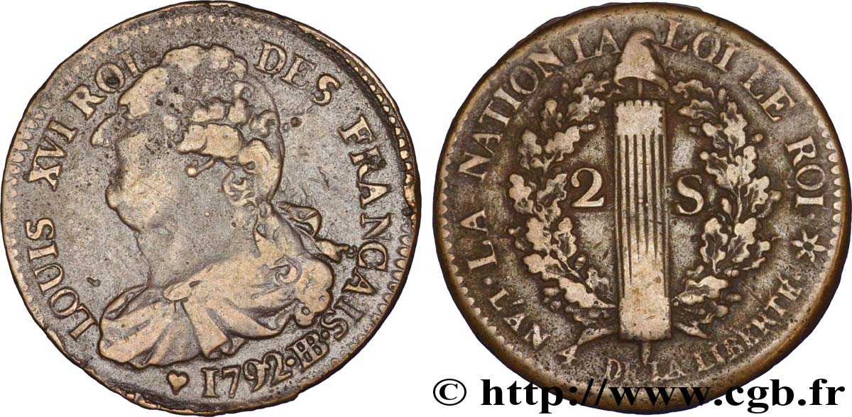 LOUIS XVI (MONARQUE CONSTITUTIONNEL) 2 sols dit au faisceau , type FRANÇAIS 1792 Strasbourg TB+