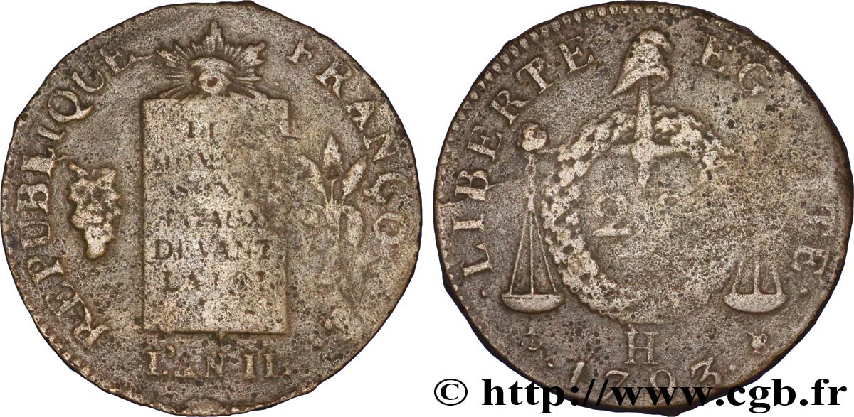 LA CONVENTION 2 sols dit à la table de loi 1793 La Rochelle TB