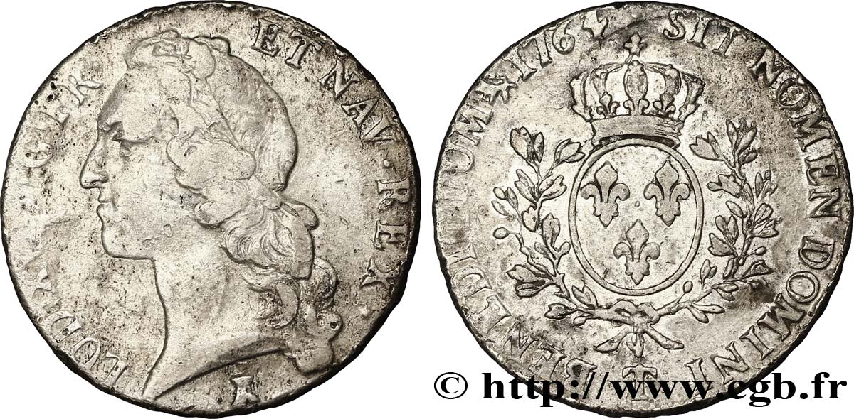 LOUIS XV DIT LE BIEN AIMÉ Écu aux branches d’olivier, tête ceinte d’un bandeau 1764 Nantes TTB