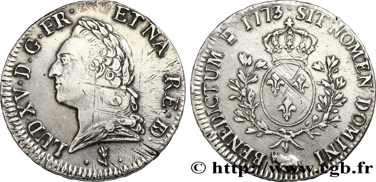 LOUIS XV DIT LE BIEN AIMÉ Écu aux branches d’olivier, buste lauré 1773 Pau TTB+/SUP