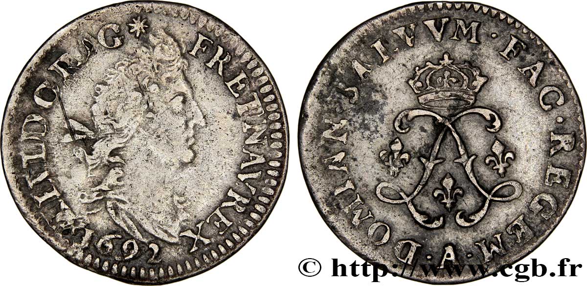 LOUIS XIV LE GRAND OU LE ROI SOLEIL Quatre sols aux deux L 1692 Paris TTB