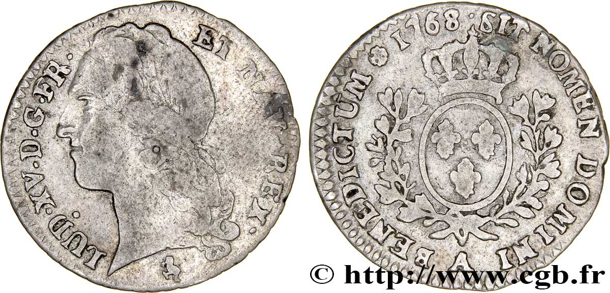 LOUIS XV DIT LE BIEN AIMÉ Dixième d écu aux branches d’olivier, tête ceinte d’un bandeau 1768 Paris TB