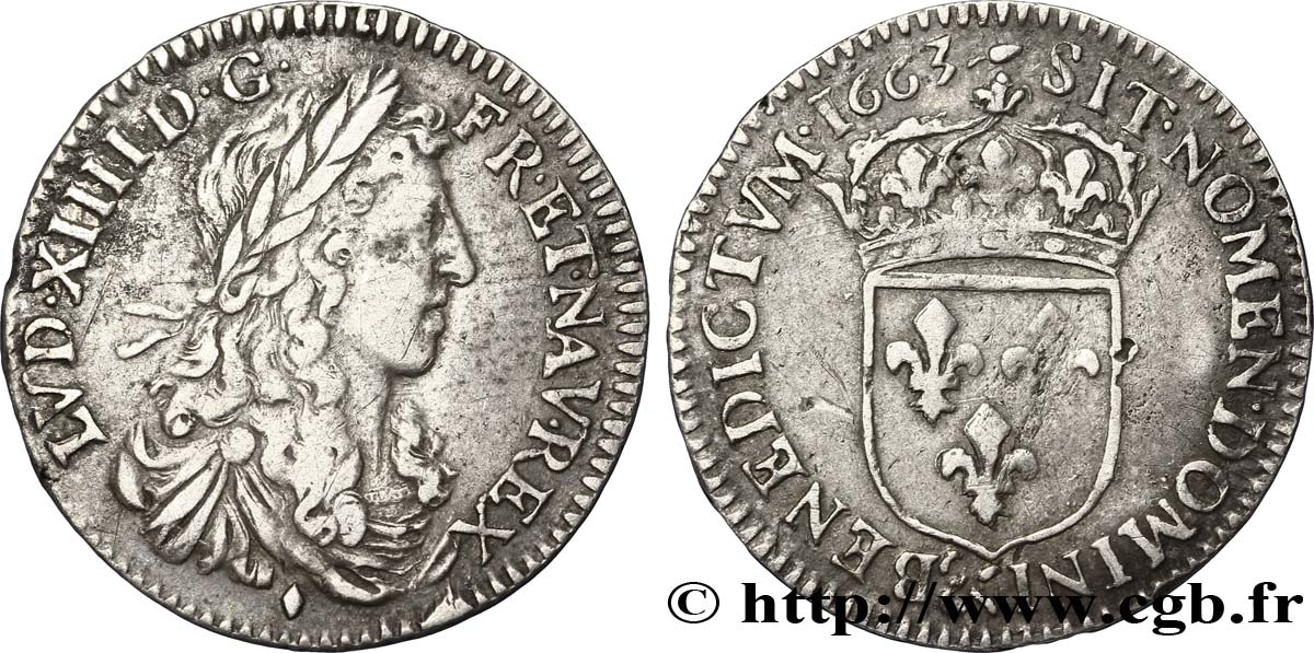 LOUIS XIV LE GRAND OU LE ROI SOLEIL Douzième d écu, portrait apollinien 1663 Aix-en-Provence TTB/TB+