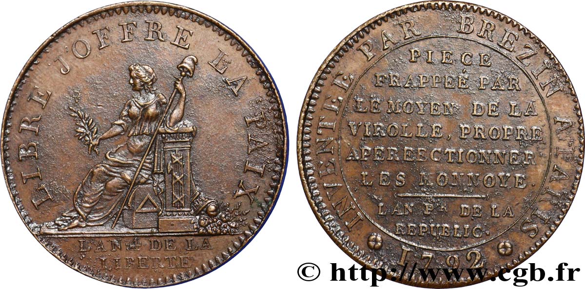 CONFIANCE (MONNAIES DE...) Essai de Brézin à la Paix 1792 Paris SUP