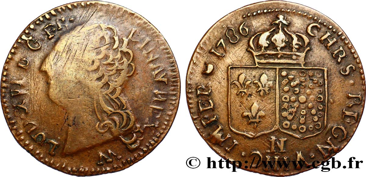 LOUIS XVI Faux Louis d or aux écus accolés en cuivre 1786 Montpellier TTB