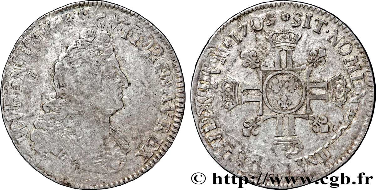 LOUIS XIV LE GRAND OU LE ROI SOLEIL Demi-écu aux huit L 1705 Atelier indéterminé TB