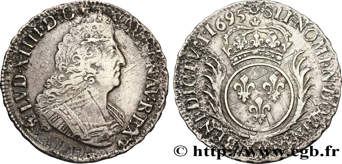 LOUIS XIV THE SUN KING Demi-écu aux palmes 1695 Rennes BC+/MBC