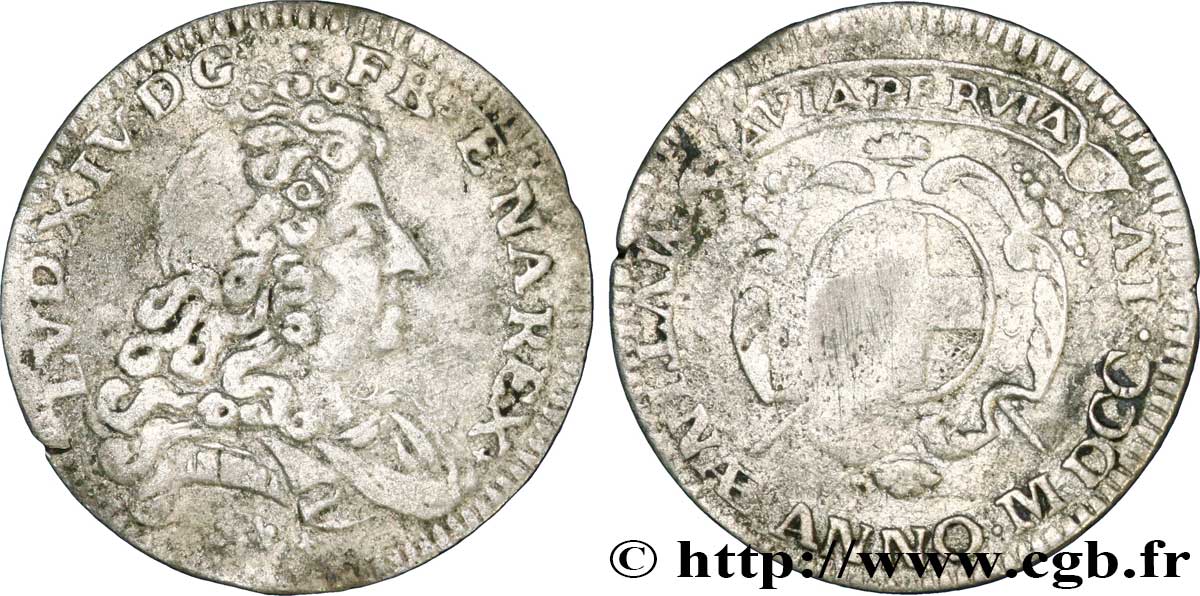 ITALIE - MODÈNE - LOUIS XIV LE GRAND OU LE ROI SOLEIL Pièce de trois sols, double georgin ou demi-livre de Modène 1704 Modène TB+