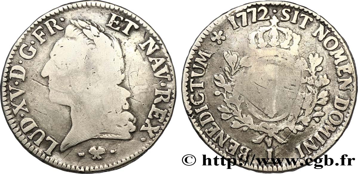 LOUIS XV DIT LE BIEN AIMÉ Écu aux branches d’olivier, buste lauré 1772 Bayonne B