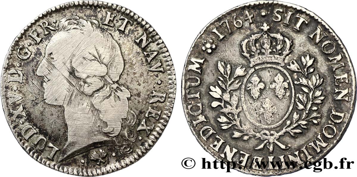 LOUIS XV DIT LE BIEN AIMÉ Écu aux branches d’olivier, tête ceinte d’un bandeau 1764 Bayonne TB+/TTB