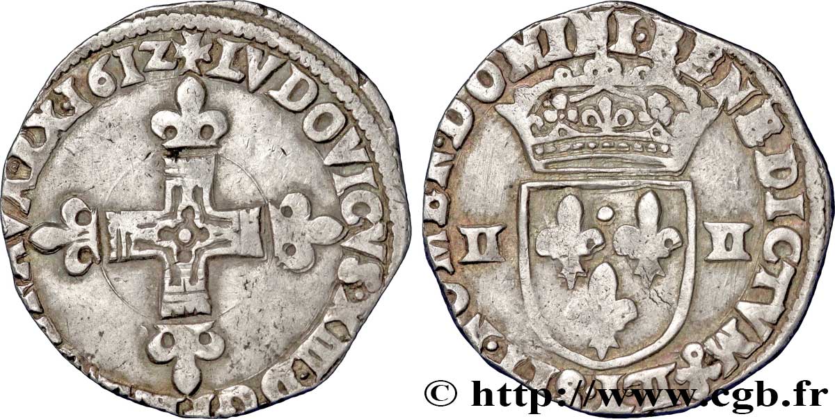 LOUIS XIII LE JUSTE Quart d écu, à la croix fleurdelisée, titulature côté croix 1612 Bayonne TB+/TTB