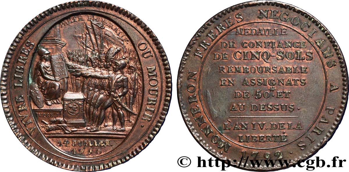 REVOLUTION COINAGE Monneron de 5 sols au serment (An IV), 3e type 1792 Birmingham, Soho MBC