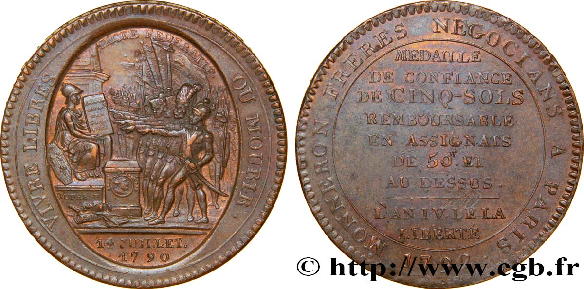 CONFIANCE (MONNAIES DE...) Monneron de 5 sols au serment (An IV), 3e type 1792 Birmingham, Soho TTB