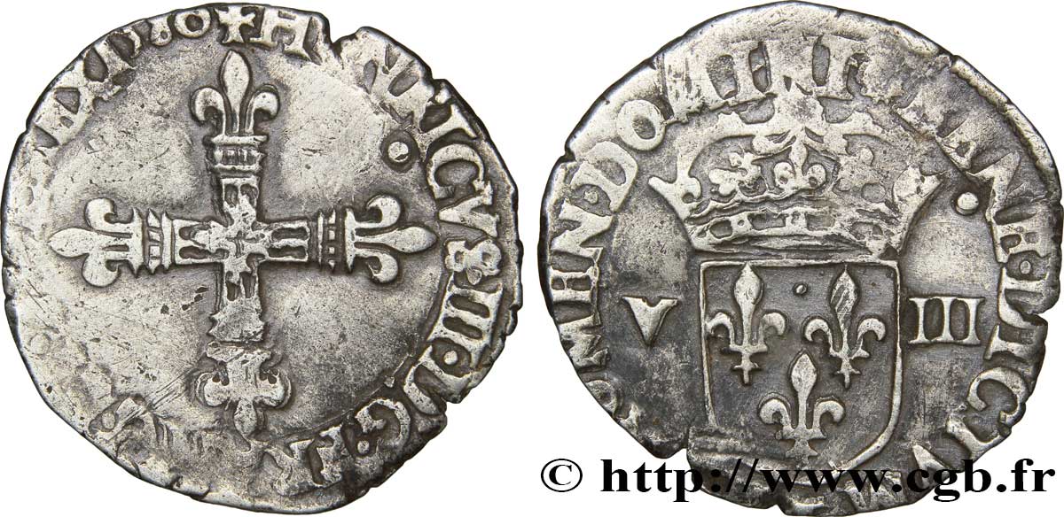 HENRY III Huitième d écu, croix de face 1580 Nantes BC+