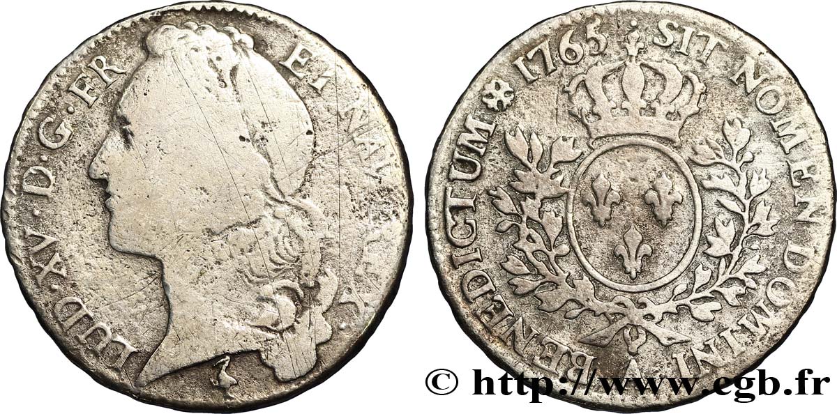 LOUIS XV DIT LE BIEN AIMÉ Demi-écu aux branches d’olivier, tête ceinte d’un bandeau 1765 Paris B