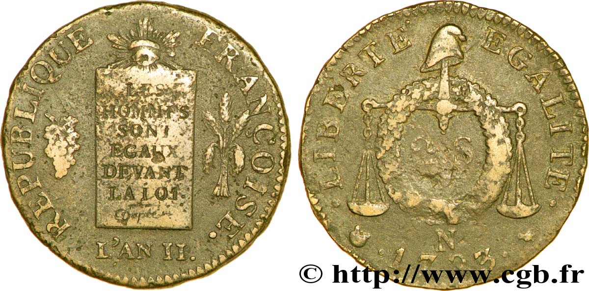 LA CONVENTION 2 sols dit à la table de loi 1793 Montpellier TB+