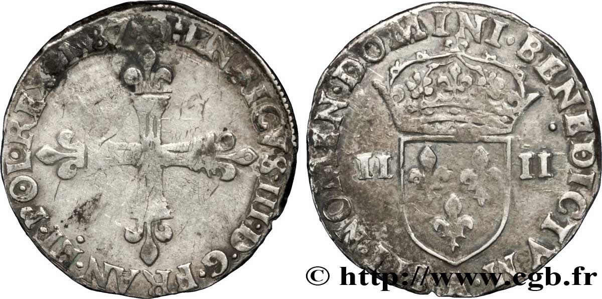 HENRI III Quart d écu, croix de face 1587 Paris TB+/TTB